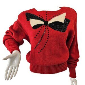 John Richard Embellished 80s Red Sweater Women M Sequine Beaded Wool Angora Blnd